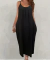 Kadın Ip Askılı Geniş V Yakalı Cepli Viskon Elbise