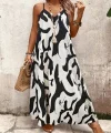 Kadın Ip Askılı Geniş V Yakalı Leopar Desenli Süprem Elbise