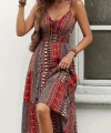 Kadın Ip Askılı V Yakalı Bağcıklı Beli Lastikli Desenli Süprem Elbise