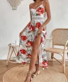 Kadın Ip Askılı V Yakalı Bel Güpür çiçek Desenli Yandan Yırtmaçlı Maksi Süprem Elbise