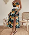Kadın Ip Askılı V Yakalı Bel Güpür çiçek Desenli Yandan Yırtmaçlı Maksi Süprem Elbise
