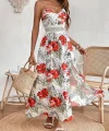 Kadın Ip Askılı V Yakalı Bel Güpür çiçek Desenli Yandan Yırtmaçlı Maksi Süprem Elbise