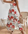 Kadın Ip Askılı V Yakalı Bel Güpür çiçek Desenli Yandan Yırtmaçlı Maksi Süprem Elbise