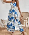 Kadın Ip Askılı V Yakalı Bel Güpür çiçek Desenli Yandan Yırtmaçlı Maksi Süprem Elbise