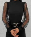 Kadın iyah Kolu Tül Detaylı Yarım Balıkçı Kaşkorse Bluz