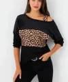 Kadın Kadife Kumaş Leopar Desenli Omuz Detay Uzun Kollu Bluz