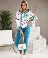 Kadın Kadife Kumaş Uzun Kollu Kapüşon Detay çiçek Baskılı Sweat Ve Pantolon Ikili Takım