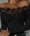 Kadın Kadife Simli Kumaş Dantel Detaylı Bluz