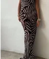 Kadın Kadın Ip Askılı Dökümlü Yaka Zebra Desen Maxi Boy Elbise