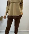 Kadın Kahve Kapşonlu Etek Ucu Detay Arma Ters Dikiş Gorunumlu Ikili Takım