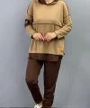 Kadın Kahve Kapşonlu Etek Ucu Detay Arma Ters Dikiş Gorunumlu Ikili Takım