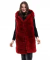 Kadın Kapşonlu Peluş Kürk Yelek Premium Kalite, Tam Astarlı, Uzun Model - Kırmızı