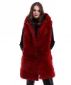 Kadın Kapşonlu Peluş Kürk Yelek Premium Kalite, Tam Astarlı, Uzun Model - Kırmızı