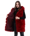 Kadın Kapşonlu Peluş Kürk Yelek Premium Kalite, Tam Astarlı, Uzun Model - Kırmızı