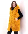 Kadın Kapşonlu Peluş Kürk Yelek Premium Kalite, Tam Astarlı, Uzun Model - Sarı