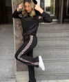 Kadın Kapüşonlu Leopar Detay Sweat Ve Yüksek Bel Yanları Leopar şeritli Bol Paça Pantolon Ikili Takım