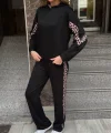 Kadın Kapüşonlu Leopar Detay Sweat Ve Yüksek Bel Yanları Leopar şeritli Bol Paça Pantolon Ikili Takım