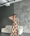 Kadın Kare Yaka Gipe Ve Baskı Detay Kemer Dahil Volanlı Maxi Boy Elbise
