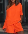 Kadın Kayık Yaka Oversize Asimetrik Bluz Ve şort Iki Iplik Takım