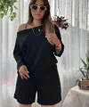 Kadın Kayık Yaka Oversize Asimetrik Bluz Ve şort Iki Iplik Takım