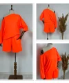 Kadın Kayık Yaka Oversize Asimetrik Bluz Ve şort Iki Iplik Takım