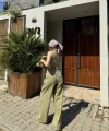 Kadın Keten Asimetrik Tek Omuzlu Bluz Pantalon Takım- Su Yeşili
