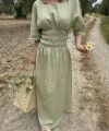 Kadın Keten Kısa Kollu uzun Elbise - Mint Yeşili