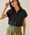 Kadın Keten Kumaş Kısa Kollu Gömlek