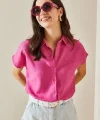 Kadın Keten Kumaş Kısa Kollu Gömlek