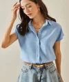 Kadın Keten Kumaş Kısa Kollu Gömlek