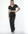 Kadin Keten Pantolon ve Crop Takım - Siyah