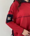 Kadın Kırmızı Kapşonlu Etek Ucu Detay Arma Ters Dikiş Gorunumlu Ikili Takım