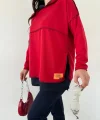 Kadın Kırmızı Kapşonlu Etek Ucu Detay Arma Ters Dikiş Gorunumlu Ikili Takım