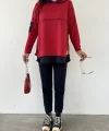 Kadın Kırmızı Kapşonlu Etek Ucu Detay Arma Ters Dikiş Gorunumlu Ikili Takım