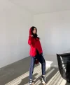 Kadın Kırmızı Kapşonlu Etek Ucu Detay Arma Ters Dikiş Gorunumlu Ikili Takım