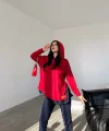 Kadın Kırmızı Kapşonlu Etek Ucu Detay Arma Ters Dikiş Gorunumlu Ikili Takım