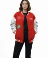 Kadın Kırmızı Varsity Çıtçıtlı Baskılı Oversize kalıp Kolej Ceket - Kırmızı