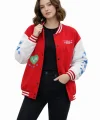 Kadın Kırmızı Varsity Çıtçıtlı Baskılı Oversize kalıp Kolej Ceket - Kırmızı