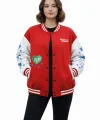 Kadın Kırmızı Varsity Çıtçıtlı Baskılı Oversize kalıp Kolej Ceket - Kırmızı