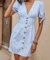 Kadın Kısa Bağcıklı Kol Kruvaze Yaka önden Düğmeli Kısa Poplin Elbise
