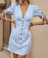 Kadın Kısa Bağcıklı Kol Kruvaze Yaka önden Düğmeli Kısa Poplin Elbise