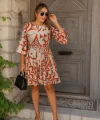 Kadın Kısa Balon Kollu Yuvarlak Yakalı Pileli Desenli Mini Elbise