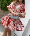 Kadın Kısa Balon Kollu Yuvarlak Yakalı Pileli Desenli Mini Elbise