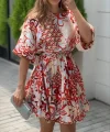 Kadın Kısa Balon Kollu Yuvarlak Yakalı Pileli Desenli Mini Elbise