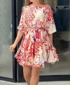 Kadın Kısa Balon Kollu Yuvarlak Yakalı Pileli Desenli Mini Elbise