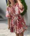 Kadın Kısa Balon Kollu Yuvarlak Yakalı Pileli Desenli Mini Elbise