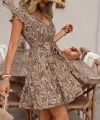 Kadın Kısa Fırfır Kollu V Yakalı Belden Kuşaklı Desenli Süprem Elbise