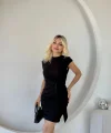 Kadın Kısa Kap Kollu Bisiklet Yaka Belden Bağlamalı Modal Mini Elbise