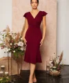 Kadın Kısa Kelebek Kollu Kruvaze Yaka Ithal Krep Midi Elbise