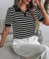 Kadın Kısa Kol Polo Yaka çizgi Desen Triko Bluz